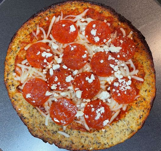 Feta Cheese, Pepperoni on Cali'flour Foods Cauliflower Pizza Crust